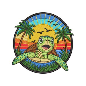 May include: Embroidered patch featuring a smiling sea turtle with a brown shell and green flippers. The design includes palm trees, birds, and a sunset over the ocean, all within a circular frame.