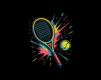 Vibrant Tennis Racket Ball Machine Embroidery Design, Colorful Splash Sports Pattern, Instant Download