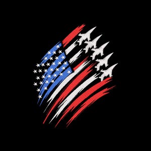 May include: Embroidered design featuring the American flag with white stars on a blue field, red and white stripes, and white fighter jets on a black background. The design has a brushstroke effect, suggesting motion and patriotism.