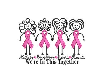 We're In This Together Embroidery Design, Pink Ribbon Stick Figures Machine Embroidery File, 4 Sizes, Instant Download