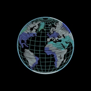 May include: A digital illustration of planet Earth against a black background. The globe is rendered with a grid and features continents in shades of blue, teal, and white. The overall effect is a modern, tech-inspired design.