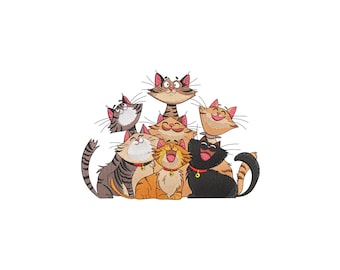 Funny Cats Machine Embroidery Design, Cartoon Kitten Gang Pattern, Instant Download