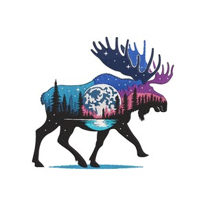 May include: A black moose silhouette with a detailed landscape design inside. The landscape features a full moon, trees, and a lake, with blue, purple, and pink hues. The antlers are dark blue with white stars.