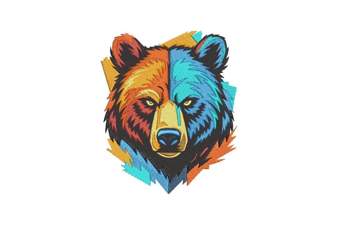 Threaded Bear Design Modern Bear Head Machine Embroidery Design, Split Color Orange and Blue ...
