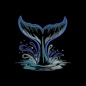 May include: An embroidered design of a whale's tail emerging from the water, with splashes and bubbles. The design features shades of blue and teal against a black background, creating a striking contrast. The artwork evokes a sense of the ocean.