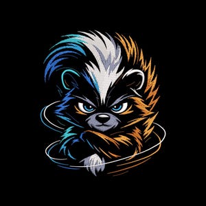 Könnte beinhalten: Stilisierte Illustration eines Stinktiers mit einem entschlossenen Ausdruck. Das Stinktier hat einen schwarz-weißen Körper, blaue Augen und einen weiß-orangen Schwanz. Das Bild ist vor schwarzem Hintergrund.