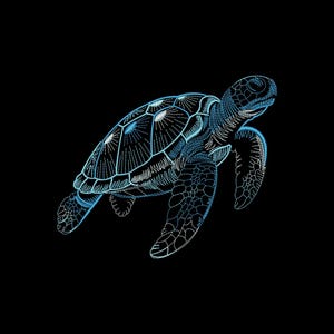 Puede incluir: Ilustración detallada de una tortuga marina en tonos azules y blancos sobre un fondo negro. El caparazón y el cuerpo de la tortuga están intrincadamente diseñados con líneas y patrones, dándole una apariencia texturizada. La imagen es una representación gráfica de la vida marina.