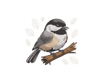 Realistic Songbird Machine Embroidery Design, Chickadee on Tree Branch Pattern, Instant Download
