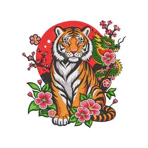 May include: Embroidered design featuring a tiger with orange and black stripes, a green dragon, and pink cherry blossoms. The tiger is centered against a red sun, with the dragon and flowers on either side. The design is on a white background.
