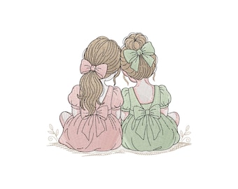 Best Friends Machine Embroidery Design, Two Little Girls with Bows Pattern, Instant Download