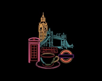 London Skyline Machine Embroidery Design - Big Ben Tower Bridge Travel Pattern, Instant Download