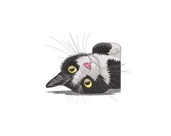 Peeking Tuxedo Cat Embroidery Design, Quirky Upside Down Kitten Machine File, Instant Download