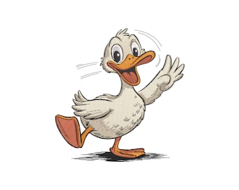 Happy Waving Duck Embroidery Design, Cartoon Duckling Machine Embroidery File, Instant Download