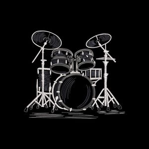 Puede incluir: Ilustración de arte lineal blanco de una batería sobre un fondo negro. La batería incluye un bombo grande, dos toms de rack, un tom de suelo, una caja y dos platillos. La batería está soportada por soportes.