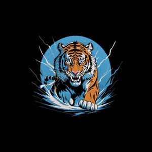Puede incluir: Ilustración digital de un tigre con rayas naranjas y negras, sobre un círculo azul con rayos. El tigre ruge y parece estar cargando hacia adelante, con líneas acuáticas alrededor de sus patas, todo sobre un fondo negro.