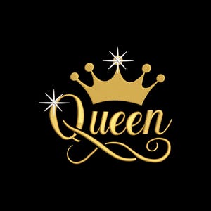 Archivo de bordado a máquina "Reina elegante", cita con letra cursiva y corona brillante, descarga instantánea.