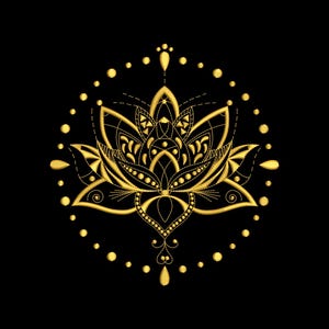 Puede incluir: Un diseño de flor de loto dorada sobre un fondo negro. El loto está intrincadamente detallado con un patrón simétrico. Un círculo punteado rodea la flor, con pequeños puntos y formas de lágrima.