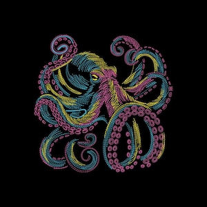 May include: A vibrant octopus design against a black backdrop. The artwork features an octopus in blue, yellow, and pink, with detailed suckers on its tentacles. The style has a textured, embroidered look, ideal for clothing or home accessories.