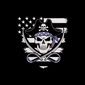 May include: A pirate skull wearing a bandana with stars and a tricorn hat, set against a distressed American flag. Crossed swords and a skull and crossbones complete the design, all in white, blue, and red on a black background.