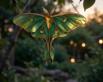 Atrapasueños de vitral con polilla luna esmeralda, marco dorado, decoración colgante.