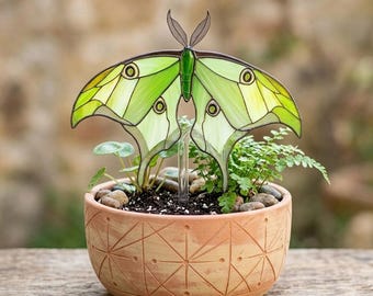 Stained Glass Luna Moth Garden Stake: Handcrafted Lime Green Resin Sculpture (Outdoor Decor)