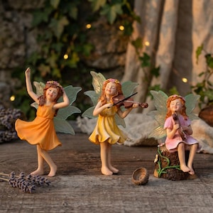 Trío musical de hadas de las flores, músicos de violonchelo y violín, estacas para jardín de hadas, decoración para macetas