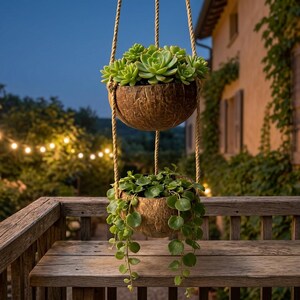 Two-Tier Coconut Shell Hanging Planter, Handcrafted Natural Boho Decor for Succulents and Trailing Plants, Eco-Friendly Outdoor Balcony Pot