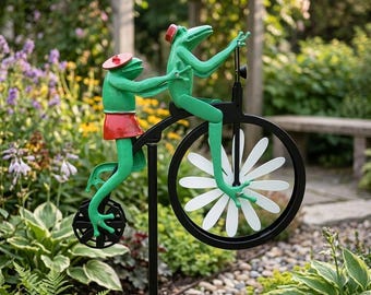 Whimsical Frogs Penny-Farthing Bicycle Wind Spinner | Kinetic Metal Yard Art Decor
