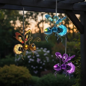 Set of 3 Hand-Painted Metal Firefly Lanterns, Whimsical Glowing Insect Garden Decor