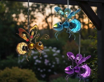 Juego de 3 faroles de metal pintados a mano con forma de luciérnaga, decoración de jardín con insectos luminosos y originales.