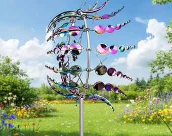 Molinillo de viento metálico iridiscente 3D, escultura cinética de arcoíris para jardín, decoración giratoria para exteriores.