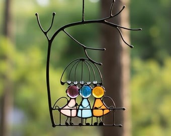 Atrapasueños de vidrieras con tres amigas, decoración de jardín para hermandad, adorno para ventana familiar