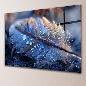 Tempered Glass Wall Art Blue Feather Dew Drops Abstract Luxury Nature Elegant Contemporary Modern Home Decor Artwork