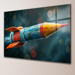 Retro Rocket Glass Wall Art Weltraumrakete gehärtetes Glas Dekor
