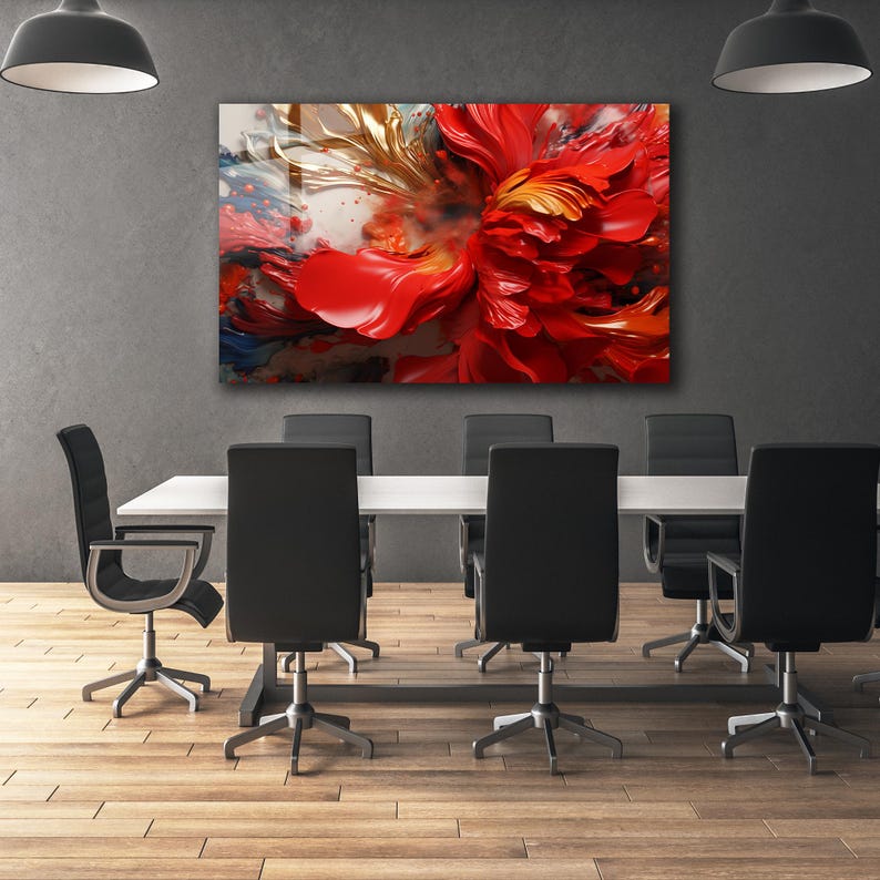 Exploding Red Paint Tempered Glass Wall Art Red Abstract Flower Explosion Modern Floral ...
