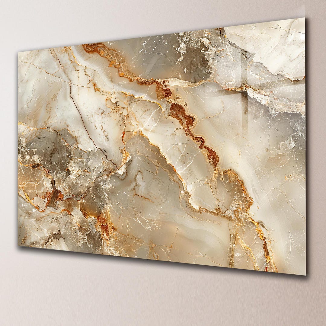 Tempered Glass Wall Art Marble Abstract Gold Beige Modern Luxury Large ...