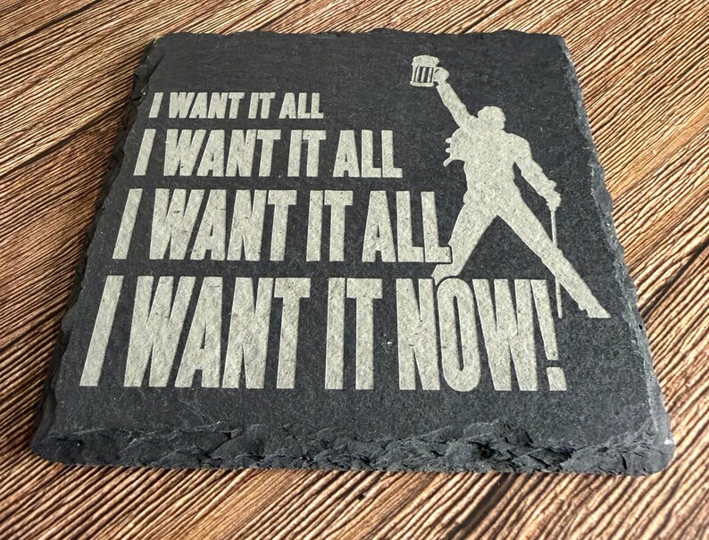 Sous-verre en ardoise « Je veux tout » | Sous-verre gravé au laser, inspiré du rock | Cadeau pour les amateurs de bière et les fans de rock classique image 5