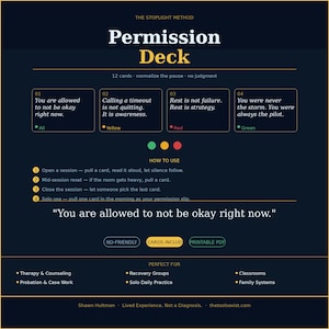 May include: A dark blue Permission Deck card set with the text "You are allowed to not be okay right now." The deck includes 12 cards and is designed for therapy, recovery groups, and solo practice.
