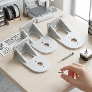 Puede incluir: Un conjunto de tres soportes de montaje de brazo robótico de color gris claro, un motor y un destornillador sobre una superficie de madera clara. También hay una tarjeta con texto y un diagrama.