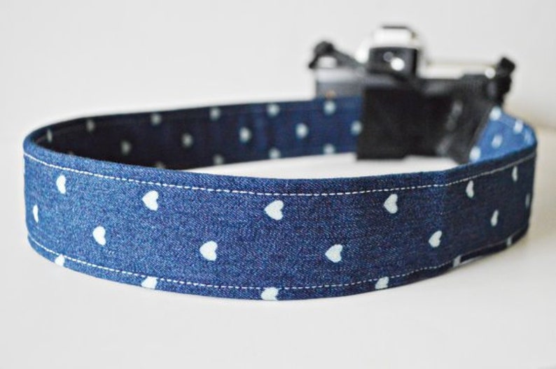 Camera Strap Gift Idea Stocking Stuffer Blue Cotton Sparkle Designer Fabric or Heart Jean Fabric Free US Shipping image 2