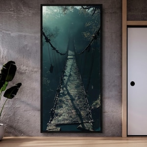 May include: A vertical rectangular wall art piece featuring a dark, misty forest scene with a weathered rope suspension bridge stretching into the distance. The bridge is constructed with wooden planks and thick ropes, surrounded by dense, shadowed foliage.