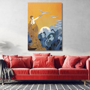 May include: A vertical wall art print featuring a person in a long, patterned gold dress standing against a bright orange sunburst background. The person holds a bird on their arm, while another bird flies nearby above dark blue stylized clouds.