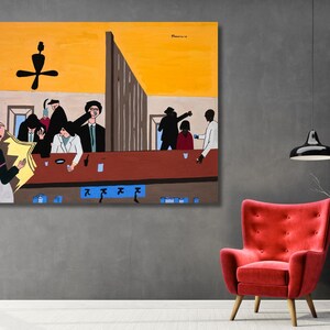 May include: A rectangular wall art print depicting a stylized bar scene with a bright orange upper background, a long brown bar counter, and several figures in dark clothing. A black ceiling fan silhouette hangs above the figures in the room.