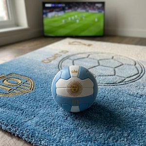 May include: A football with the Argentinian flag design, in light blue and white, sits on a blue and white rug. The rug has a football design and the words "GOAT 10". A television in the background shows a football match.