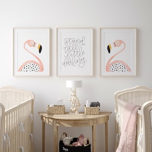 Flamencos y estampados infantiles altos, estampado animal, estampado de habitación para niñas lindas, estampado de acuarela, decoración de habitación para niños - arte de pared, decoración de guardería