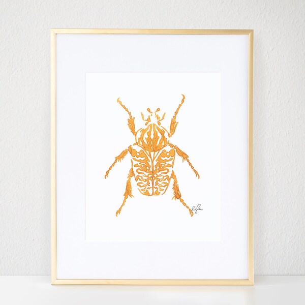 Beetle Print, Gold Bug Illustration - Inkblot Fashion Wall Art Watercolor Painting, Goliath Beetle