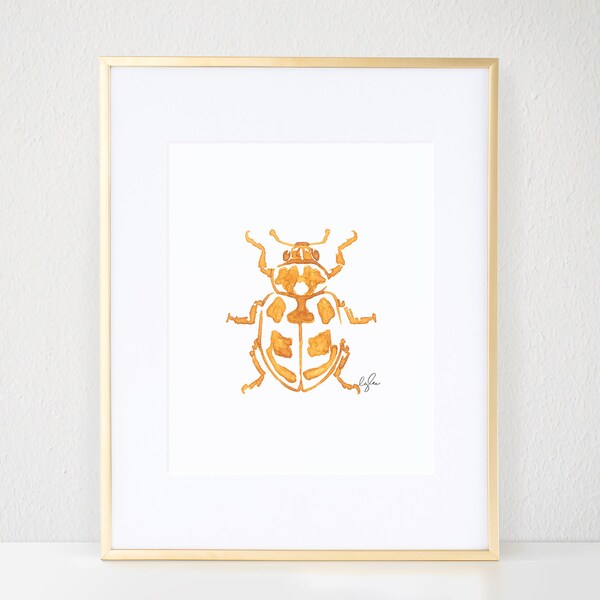 Beetle Print, Gold Bug Illustration - Inkblot Fashion Wall Art Watercolor Painting, Parenthesis Beetle