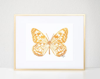 Butterfly Print, Gold Bug Illustration - Fashion Wall Art Watercolor Painting, Paper Kite Butterfly