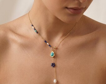 Collar tipo lariat Y Mermaidcore, joyería bohemia de turquesa y perlas auténticas, acero inoxidable chapado en oro de 18 quilates, resistente al agua, regalo de verano para ella.