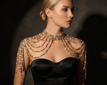 Layered Pearl Body Necklace, Bridal Shoulder Jewelry, Elegant Wedding Accessory